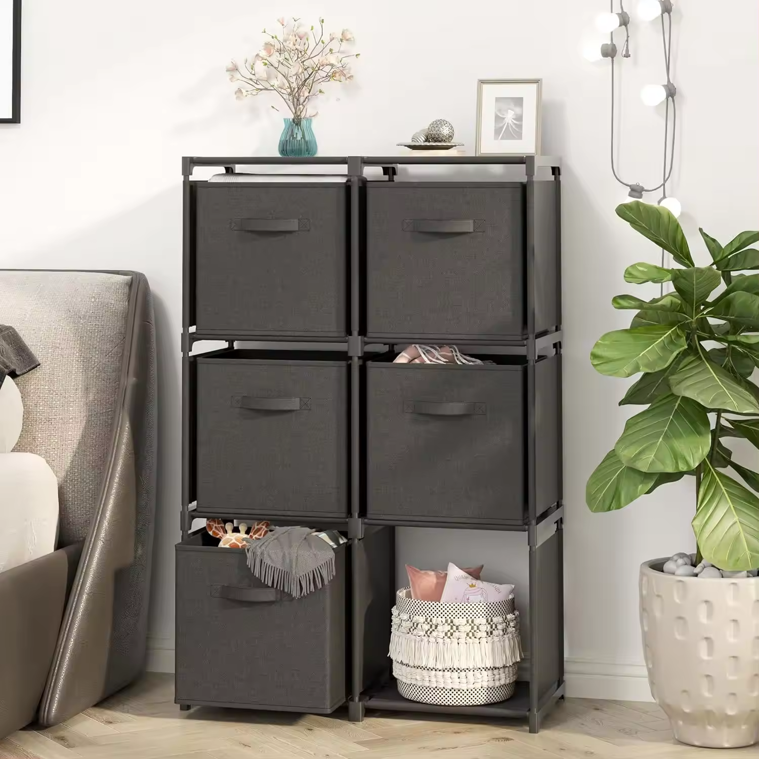 Cube cabinet with 6 boxes  metal closet  fabric chest of drawers bedroom  home storage  wardrobe