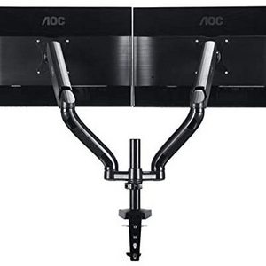 Dual Computer Monitor Arm Mount, Gas Struts Supporting up to 19.4 lbs and up to 27" on Each arm. Grommet and C-clamp mounts Incl