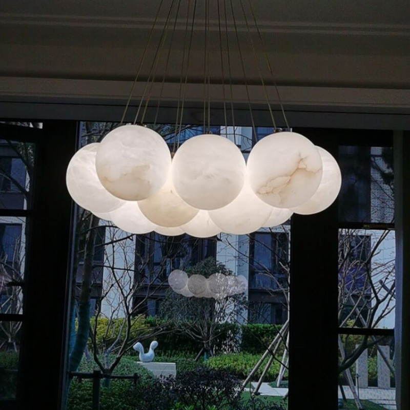 D120mm Luxury Marble Ball Chandelier 7L Hotel Brass Pendant Light Natural Alabaster Ceiling Design Living Room Dining Room