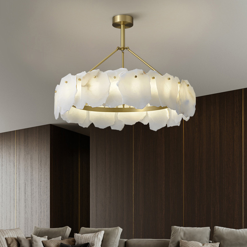 Modern Luxury Living Room LED Brass Pendant Light Light Hotel Decorative Natural Alabaster Snowflake Icicle Ceiling Chandelier