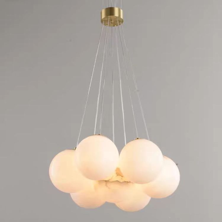 D120mm Luxury Marble Ball Chandelier 7L Hotel Brass Pendant Light Natural Alabaster Ceiling Design Living Room Dining Room