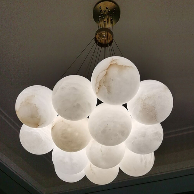 D120mm Luxury Marble Ball Chandelier 7L Hotel Brass Pendant Light Natural Alabaster Ceiling Design Living Room Dining Room