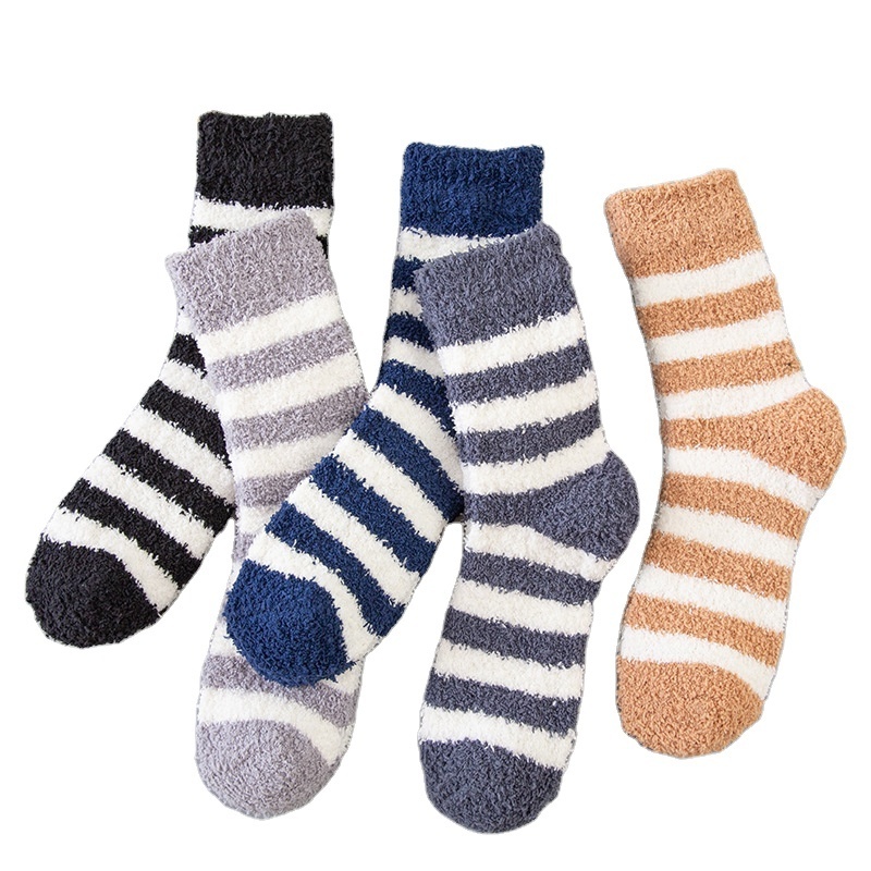 KTK men unisex stripe cozy micro fiber warm fuzzy slipper socks