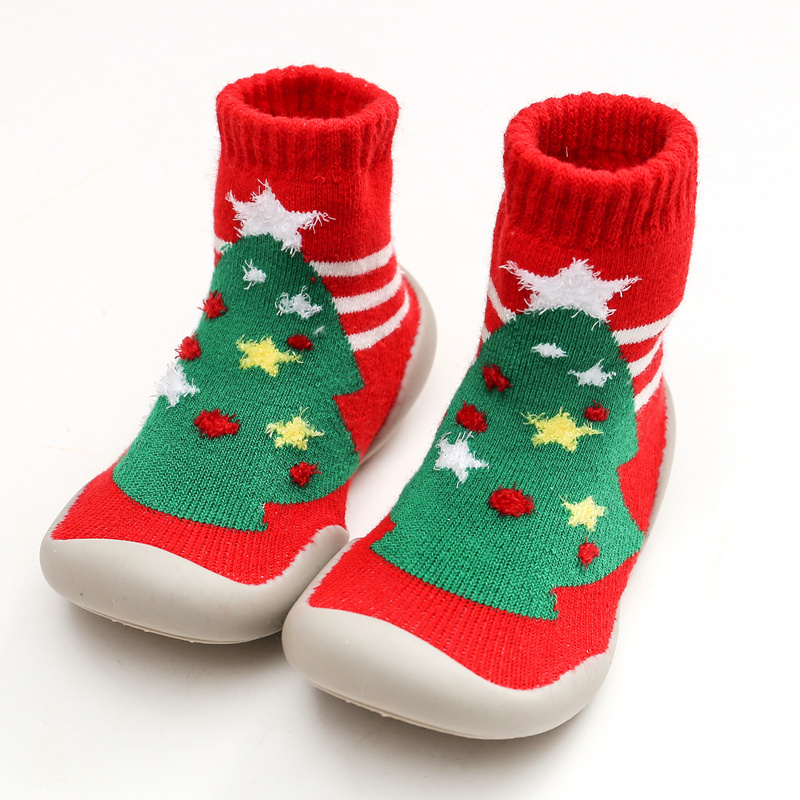 Christmas cute cotton solid color non-slip baby rubber soles socks