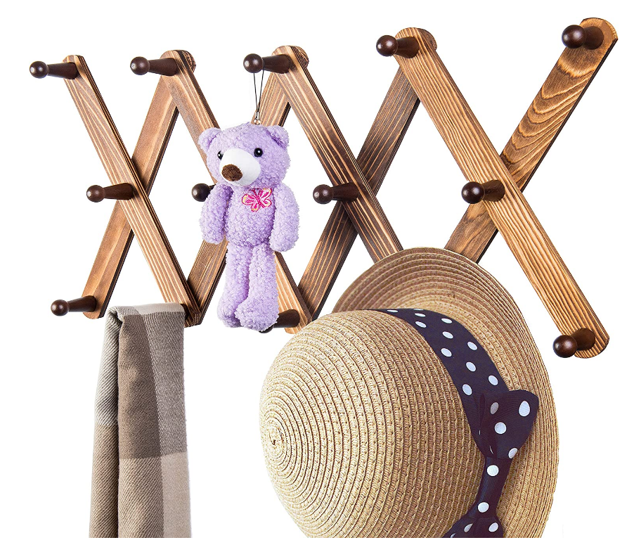 2024 Retro Wall Mounted Hat Rack towel Wooden Accordion fold hat Coat Rack Hanger14 Pegs Hooks