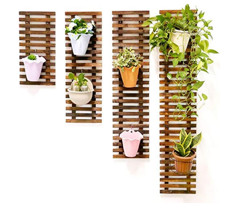 Indoor Outdoor Decorative Shelf Living Room Plant Stretching Grid Hanging Stand Wood Wall Mounted Flower Pot Holder