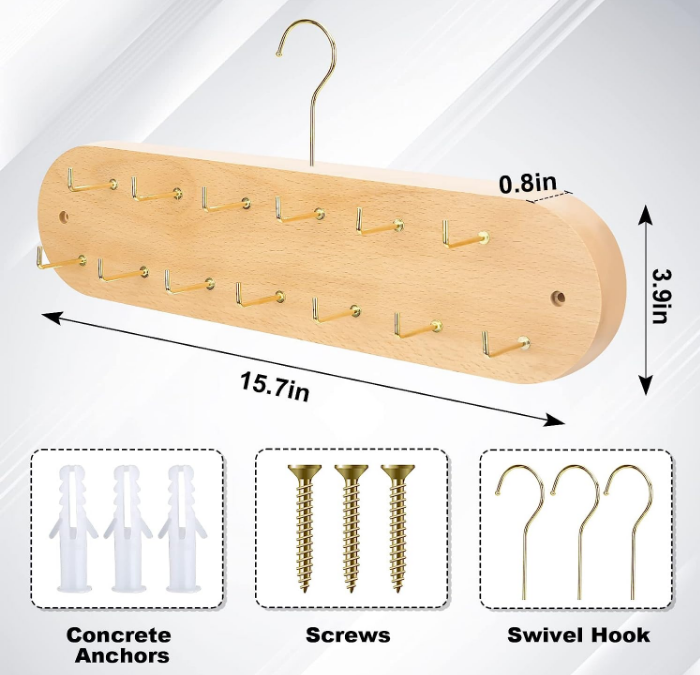 2024 Factory Custom Closet Holds Over 28 Belts Swivel Hook Wall Mount Belt Display Hanger Holder Wall Door Wooden Belt Organizer Rack