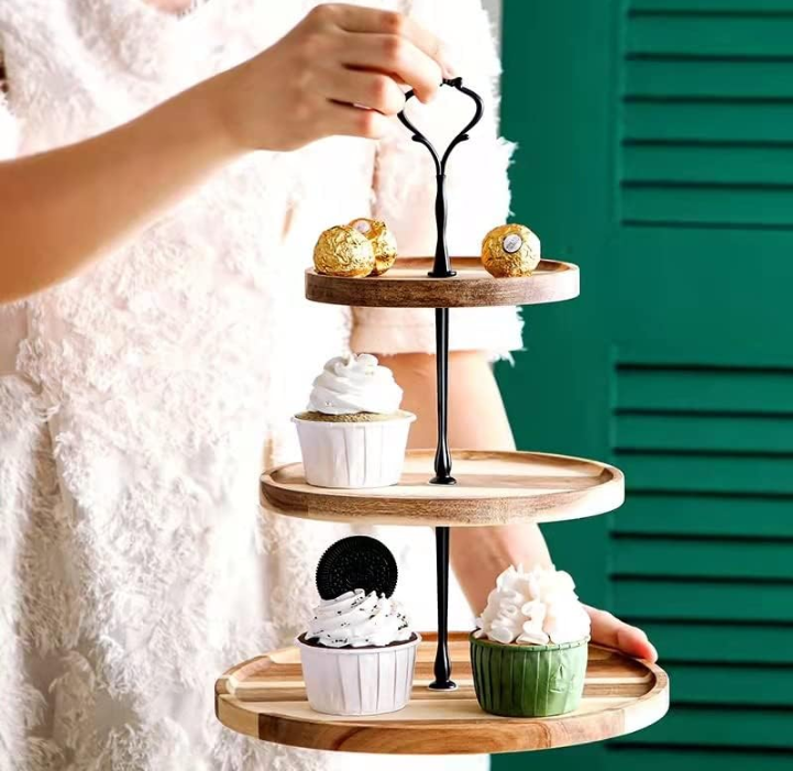 3 Tier Acacia Farmhouse Cake Tower Wedding Birthday Tea Party Black Crown Wooden Serving Cupcake Stand Wood Dessert Tray