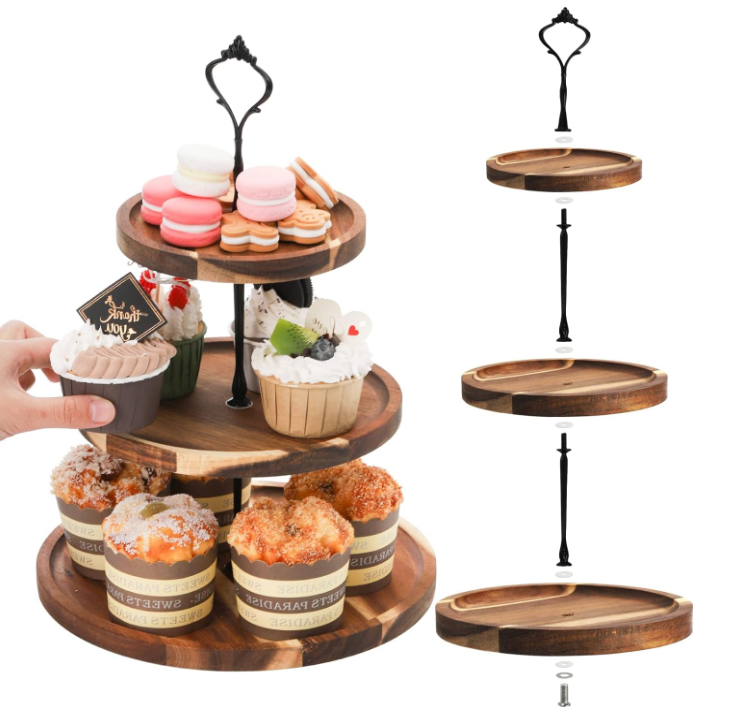 3 Tier Acacia Farmhouse Cake Tower Wedding Birthday Tea Party Black Crown Wooden Serving Cupcake Stand Wood Dessert Tray