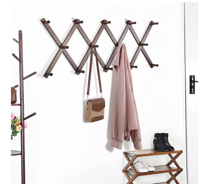 Modern Mounted Solid Walnut Wooden Wall Hat Accordion  Expandable Coat Rack Wall Hanger