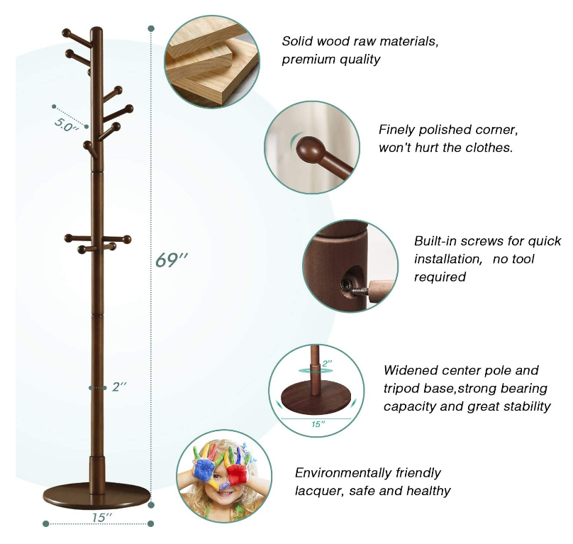 New design Hat Purse Scarves Handbags Umbrella Sturdy Clothes hanger Tree Wooden Coat Rack Stand