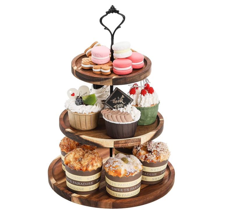 3 Tier Acacia Farmhouse Cake Tower Wedding Birthday Tea Party Black Crown Wooden Serving Cupcake Stand Wood Dessert Tray