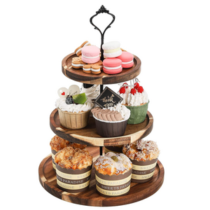 3 Tier Acacia Farmhouse Cake Tower Wedding Birthday Tea Party Black Crown Wooden Serving Cupcake Stand Wood Dessert Tray