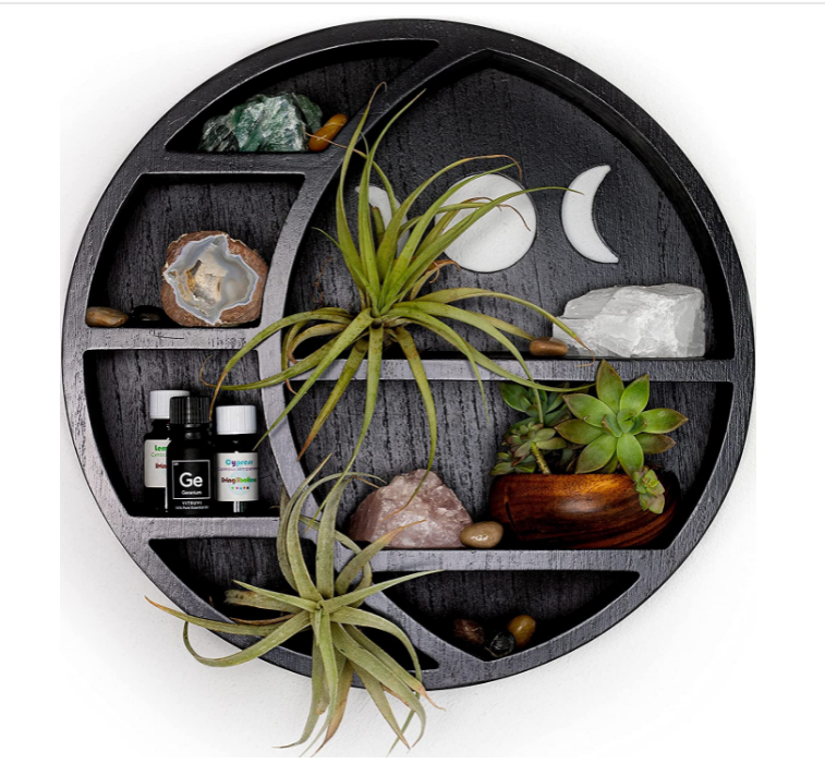 2024 Moon Phase Rustic Boho Essential Oil  Small Plant Wooden Hanging Floating Shelf Crystals Stone Crescent Moon Shelf