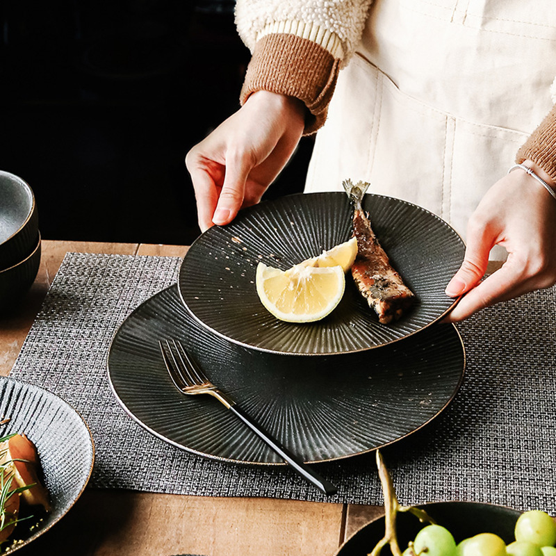 Matte Black Ceramics Steak Plate Gold Rim 8