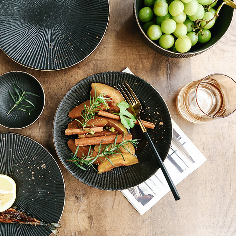 Matte Black Ceramics Steak Plate Gold Rim 8