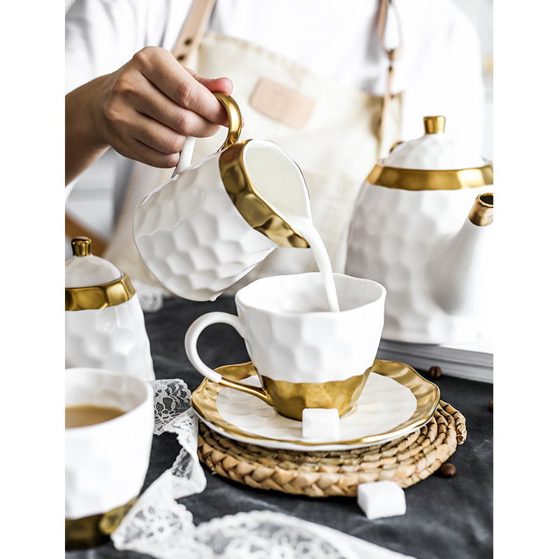 China Made Tableware White Porcelain Tea Cup set coffee saucers milk pot tea pot candy jar with gold for wedding party and hotel