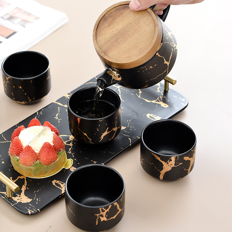 Hot sale luxury modern teapot 4-piece tea cups ceramic large tea pot marble tea service set with wooden tray