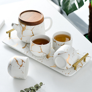 Hot sale luxury modern teapot 4-piece tea cups ceramic large tea pot marble tea service set with wooden tray