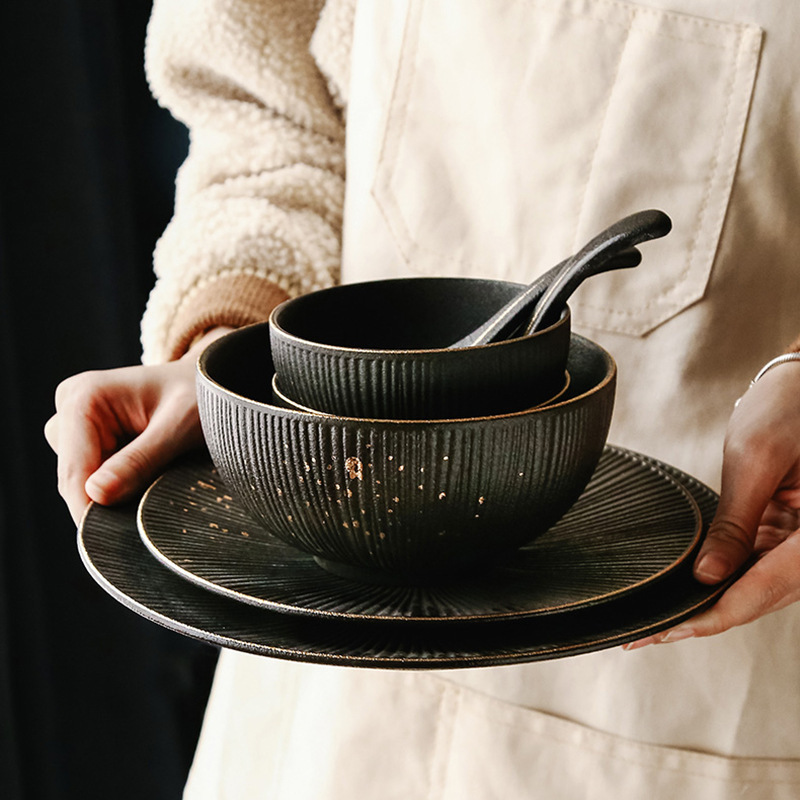 Matte Black Ceramics Steak Plate Gold Rim 8