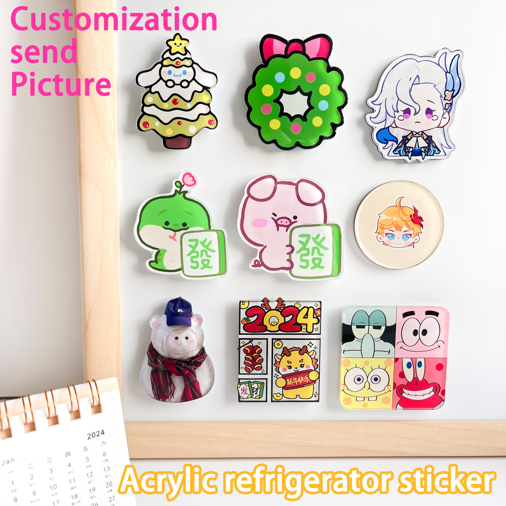 2024 Valentines Day Gift Custom Printed Anime Cartoon Pattern Acrylic Fridge Magnets Refrigerator Sticker