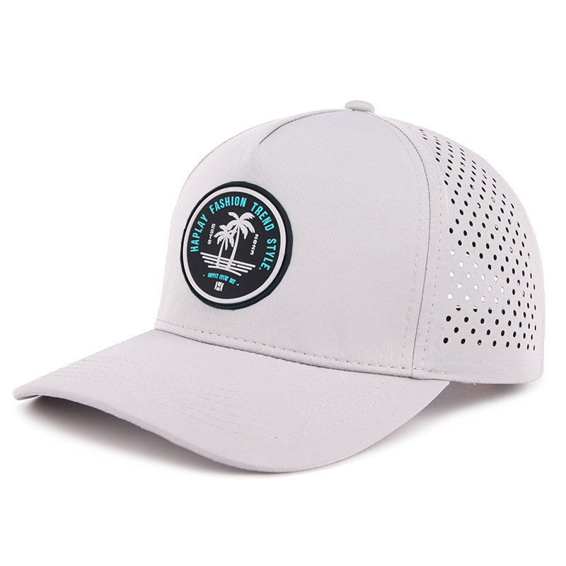 Custom 6 Panel Polyester Waterproof Laser Cut Hole Perforated Dad Hat Rubber Patch Sports Baseball Caps