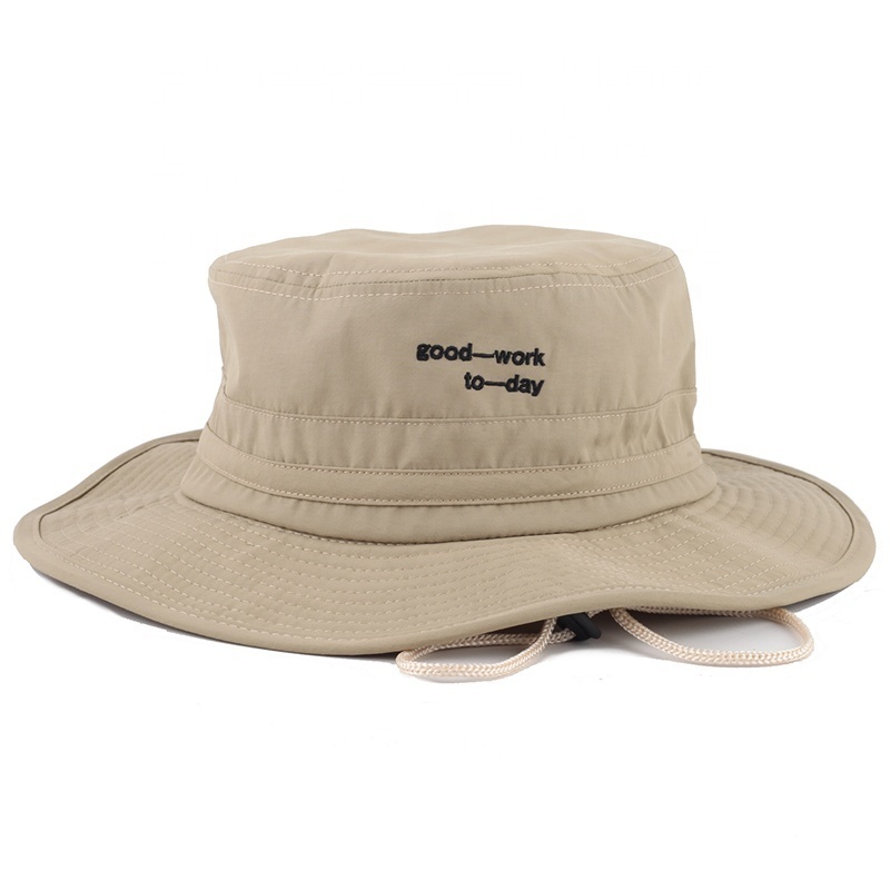 Wholesale wide brim quick dry polyester boonie fishing hat embroidery logo custom bucket hats with string