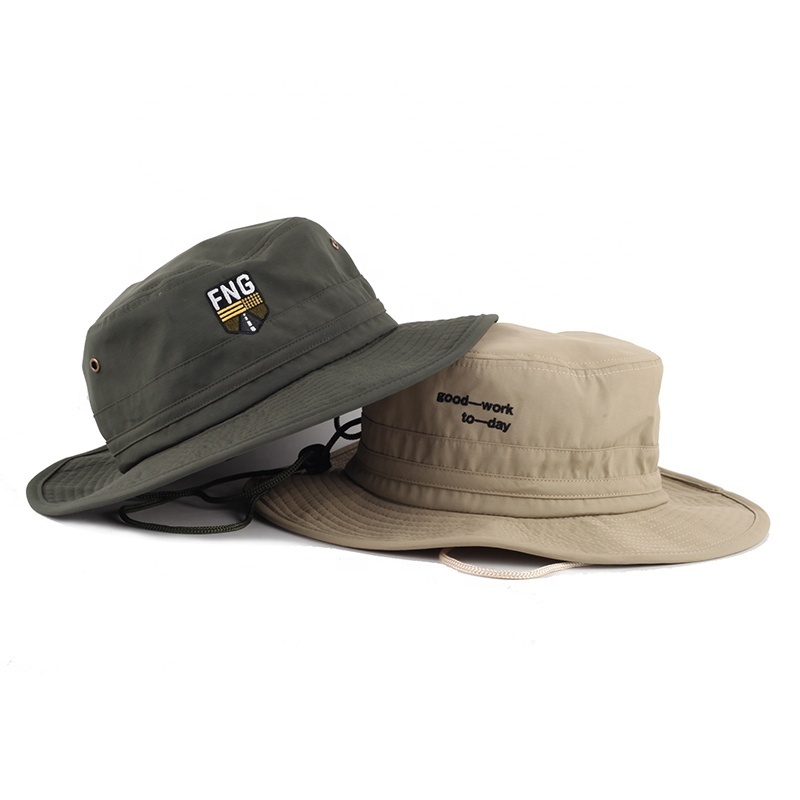 Wholesale wide brim quick dry polyester boonie fishing hat embroidery logo custom bucket hats with string