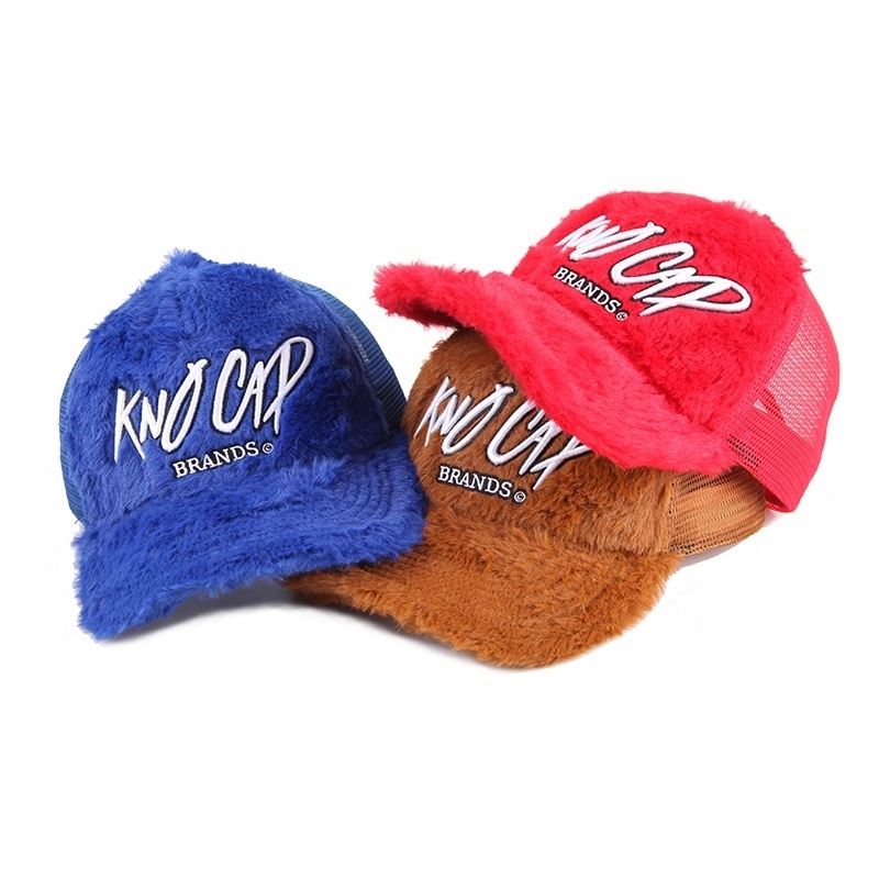 Custom 5 Panel Embroidery Logo Fuzzy Velvet Baseball Trucker Cap Furry Mesh Trucker Hat Fur Cap