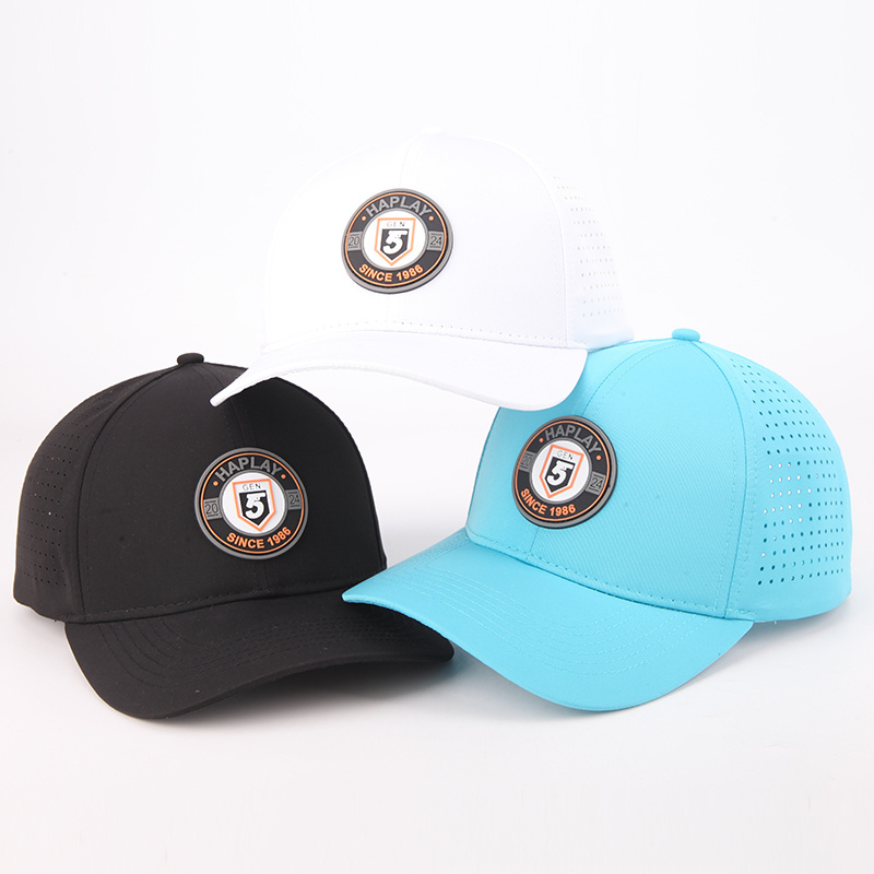 Custom 6 Panel Polyester Waterproof Laser Cut Hole Perforated Dad Hat Rubber Patch Sports Baseball Caps