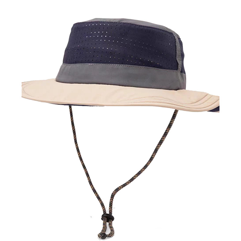 Wholesale wide brim boonie fishing sun hat rubber patch logo custom waterproof laser cut hole bucket hat with string