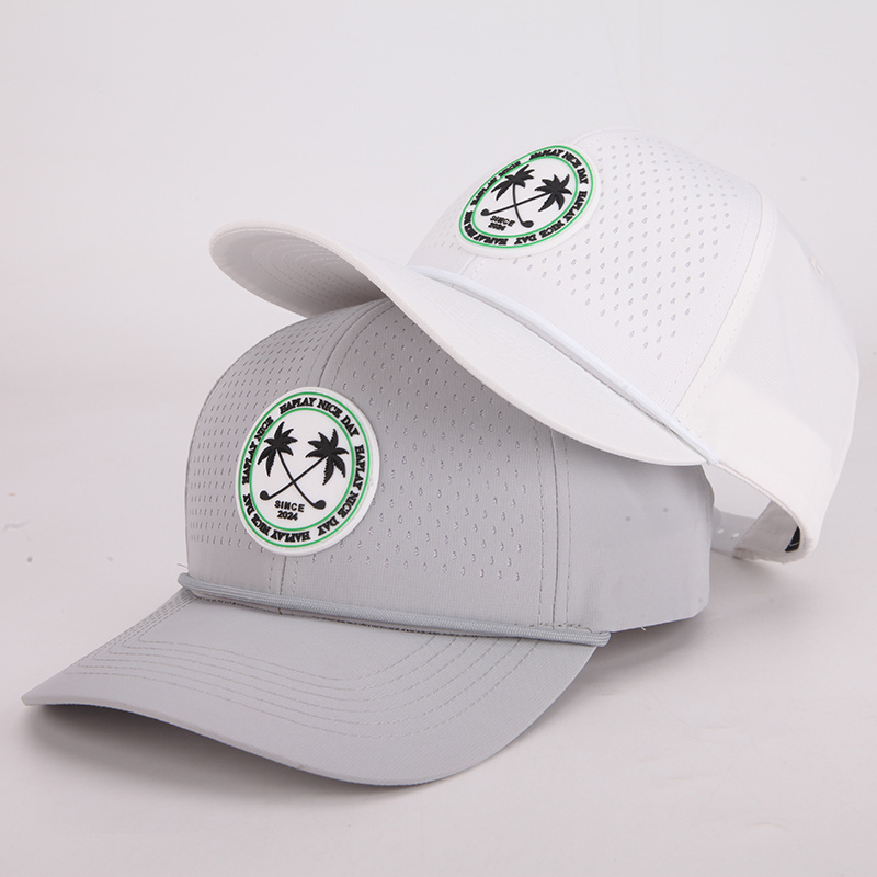 Custom 6 Panel Polyester Waterproof Laser Cut Hole Perforated Dad Hat Rubber Patch Sports Baseball Caps