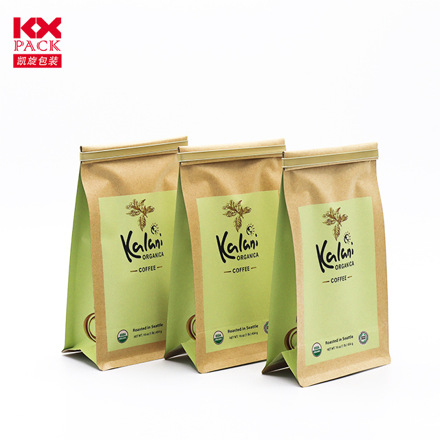 Custom 500g Kraft Paper Coffee Pouch Eight Side Seal Coffee Bean Packaging Bags with Valve And Tin Tie flat bottom coffee bag