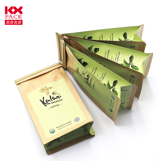 Custom 500g Kraft Paper Coffee Pouch Eight Side Seal Coffee Bean Packaging Bags with Valve And Tin Tie flat bottom coffee bag