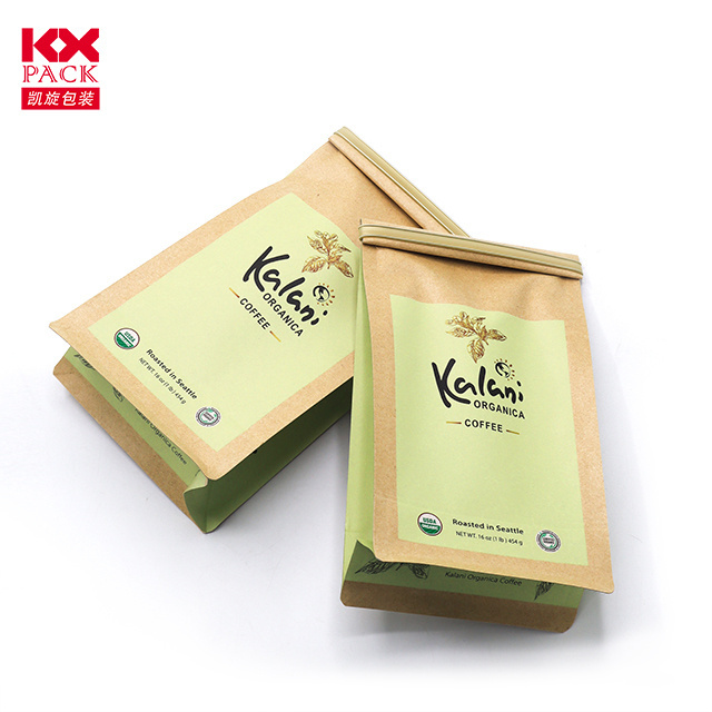 Custom 500g Kraft Paper Coffee Pouch Eight Side Seal Coffee Bean Packaging Bags with Valve And Tin Tie flat bottom coffee bag