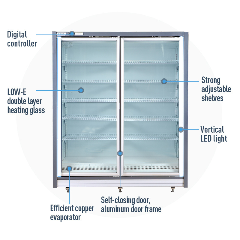 Supermarket Vertical 2 Glass Doors Fast Freezer for Frozen Food Display