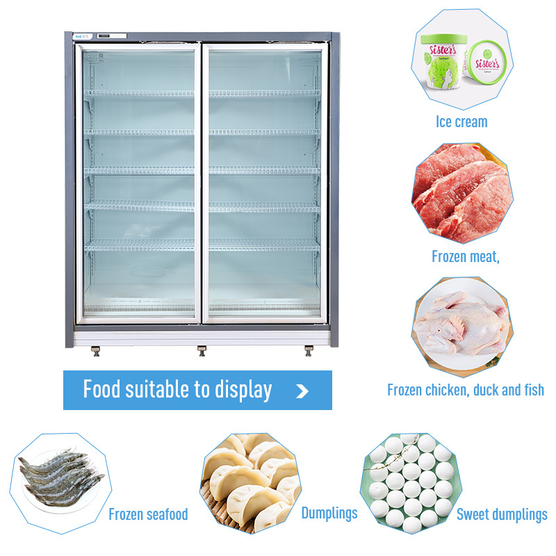 Supermarket Vertical 2 Glass Doors Fast Freezer for Frozen Food Display