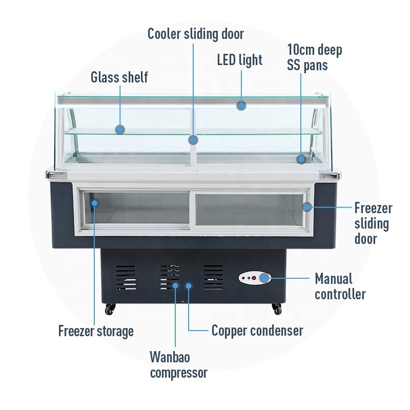 Vertical salad counter curved glass refrigerator showcase