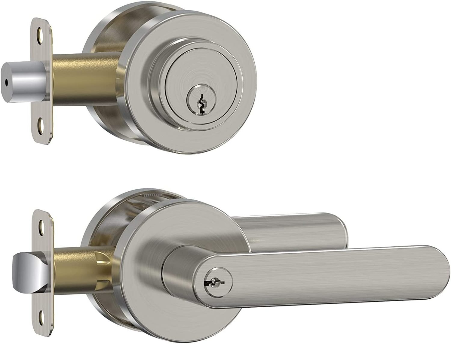 Entry Door Knob and Single Cylinder Deadbolt Lock Comboset,Modern round Entry Lever Door Handle and Single Cylinder Deadbolts,