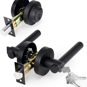 Entry Door Knob and Single Cylinder Deadbolt Lock Comboset,Modern round Entry Lever Door Handle and Single Cylinder Deadbolts,