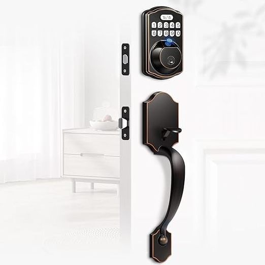 Matte Black Keyless Entry Door Lock, Electronic Keypad Deadbolt Front Door Lock Set with Handle, Finger Print Door Lock