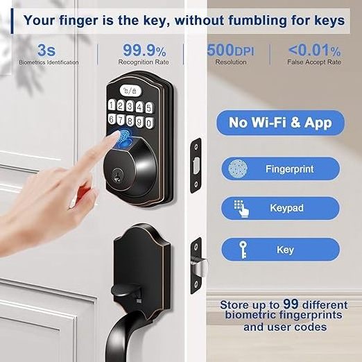 Matte Black Keyless Entry Door Lock, Electronic Keypad Deadbolt Front Door Lock Set with Handle, Finger Print Door Lock