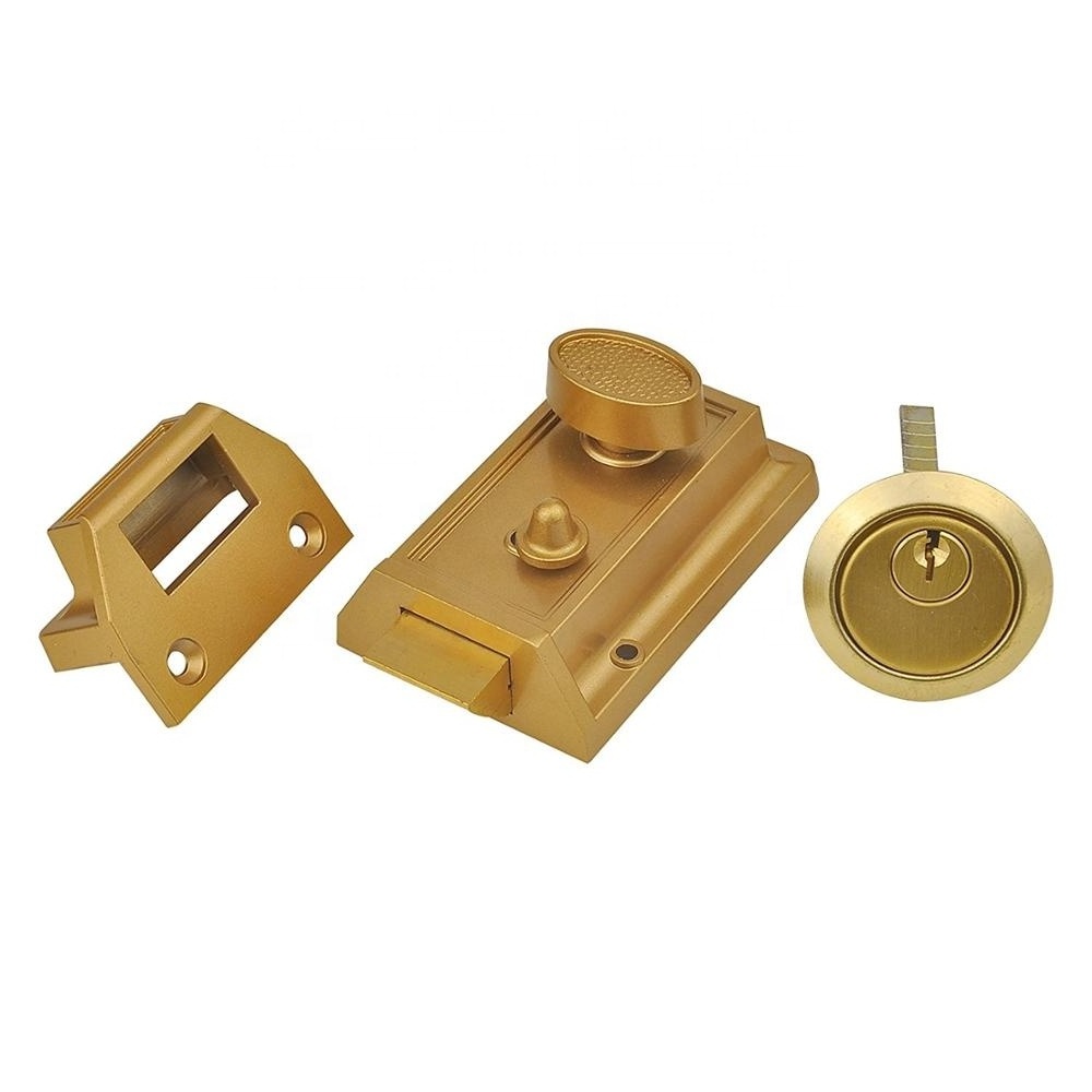 Heavy duty night latch and locking cylinder, brass painted diecast