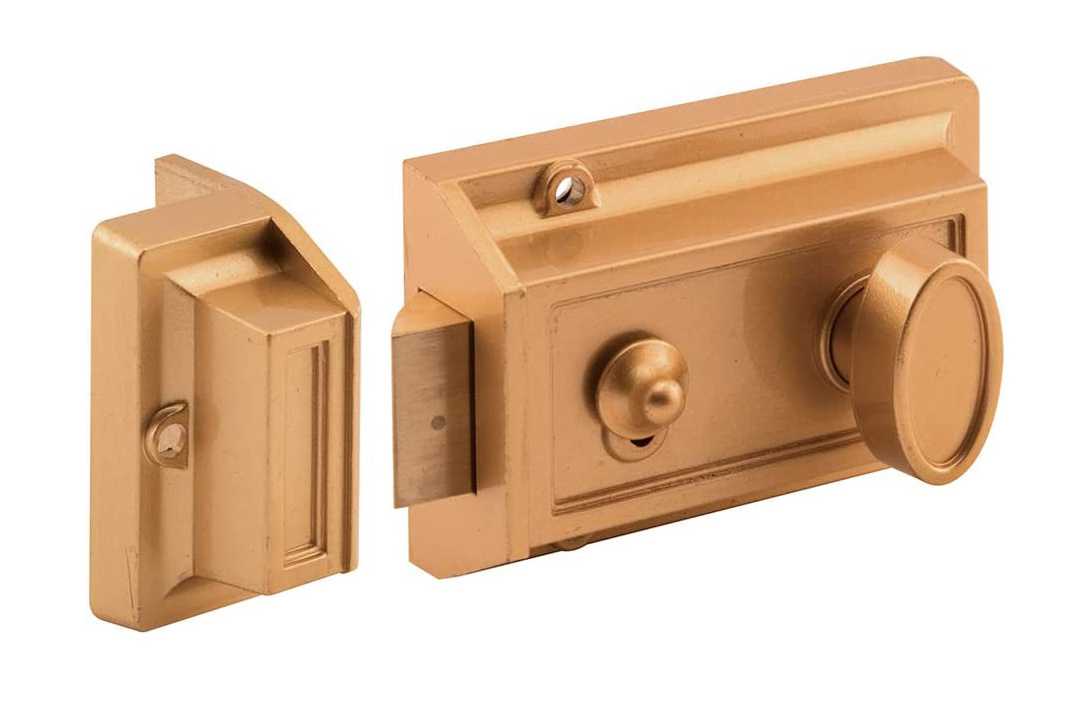 Heavy duty night latch and locking cylinder, brass painted diecast