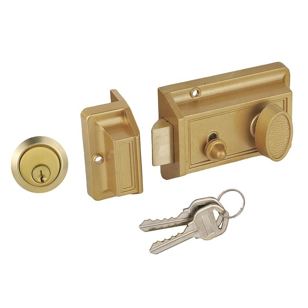 Heavy duty night latch and locking cylinder, brass painted diecast