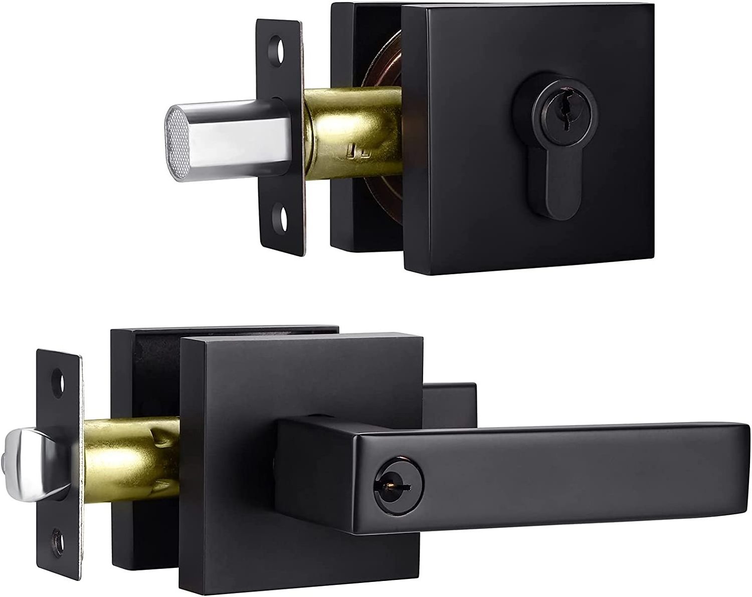 Entry Door Knob and Single Cylinder Deadbolt Lock Comboset,Black Round door Leverset Handle Set Reversible for Right or Left Doo