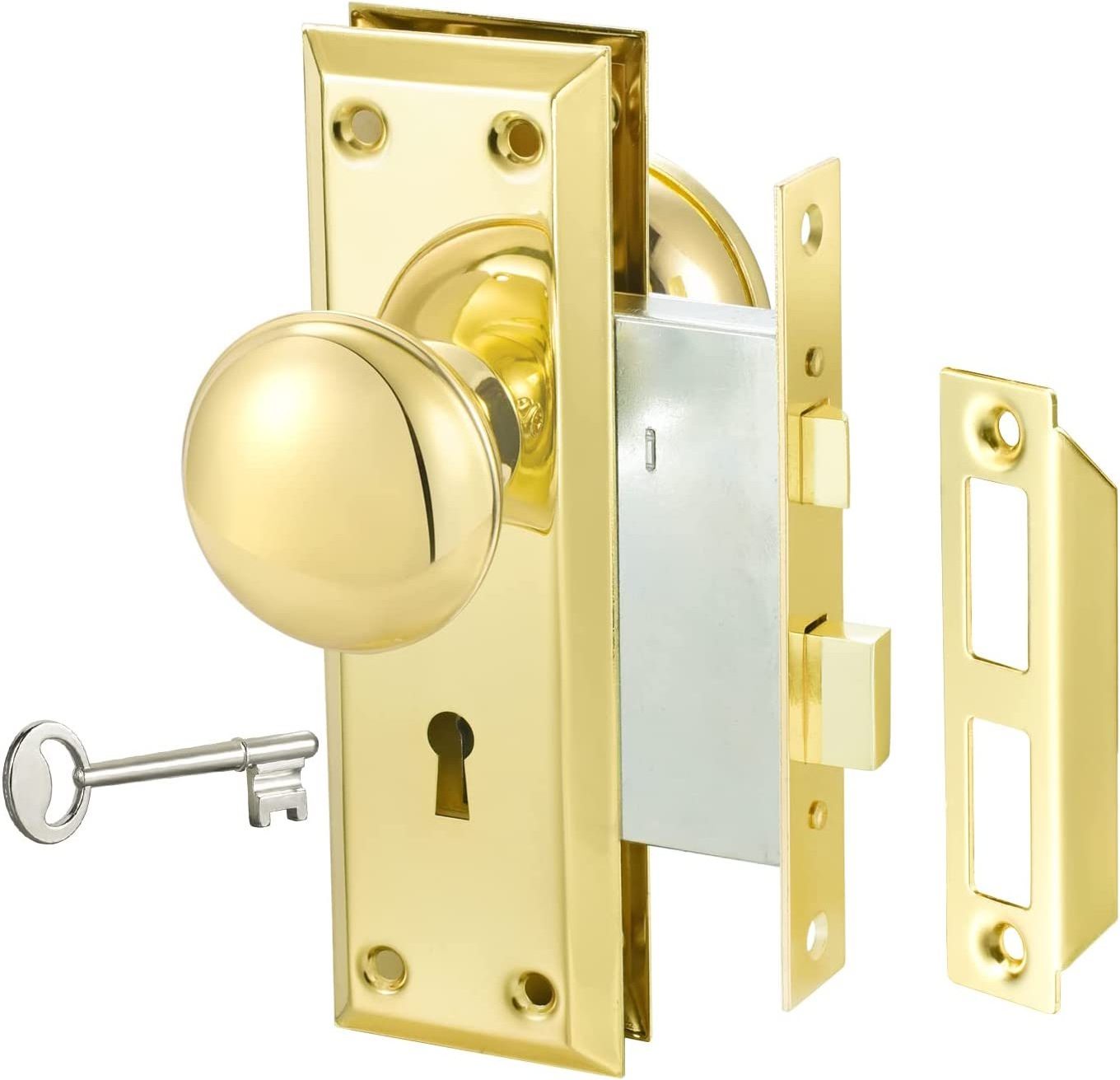 KAIYING  Gold Mortise Lock Set with Crystal Glass Knob, Antique Door Knobs with Lock and Key, Fit Interior Door