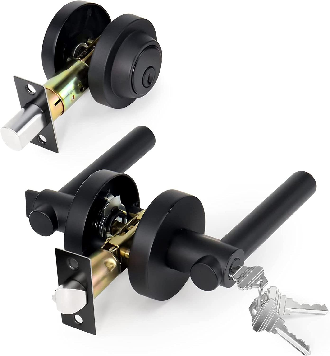 Entry Door Knob and Single Cylinder Deadbolt Lock Comboset,Black Round door Leverset Handle Set Reversible for Right or Left Doo