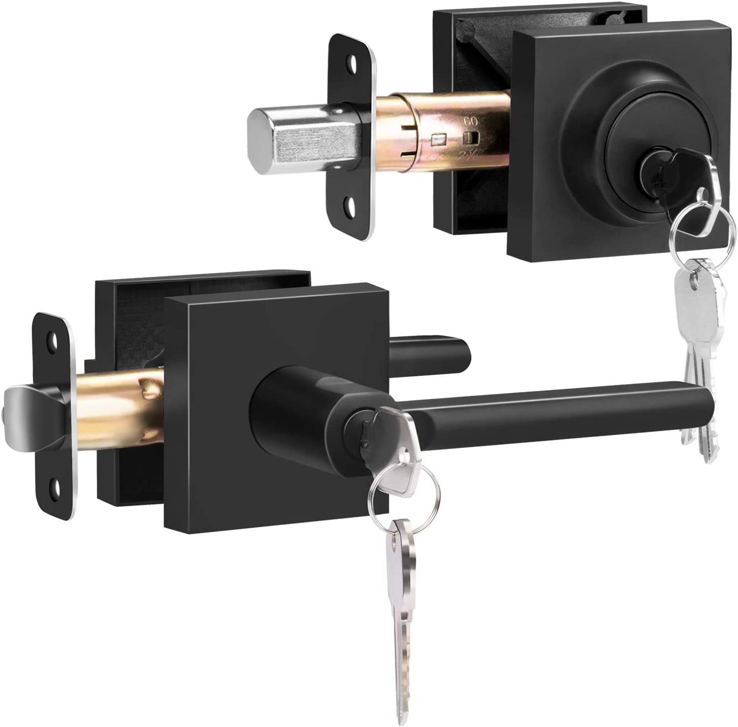 Entry Door Knob and Single Cylinder Deadbolt Lock Comboset,Black Round door Leverset Handle Set Reversible for Right or Left Doo