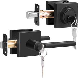 Entry Door Knob and Single Cylinder Deadbolt Lock Comboset,Black Round door Leverset Handle Set Reversible for Right or Left Doo